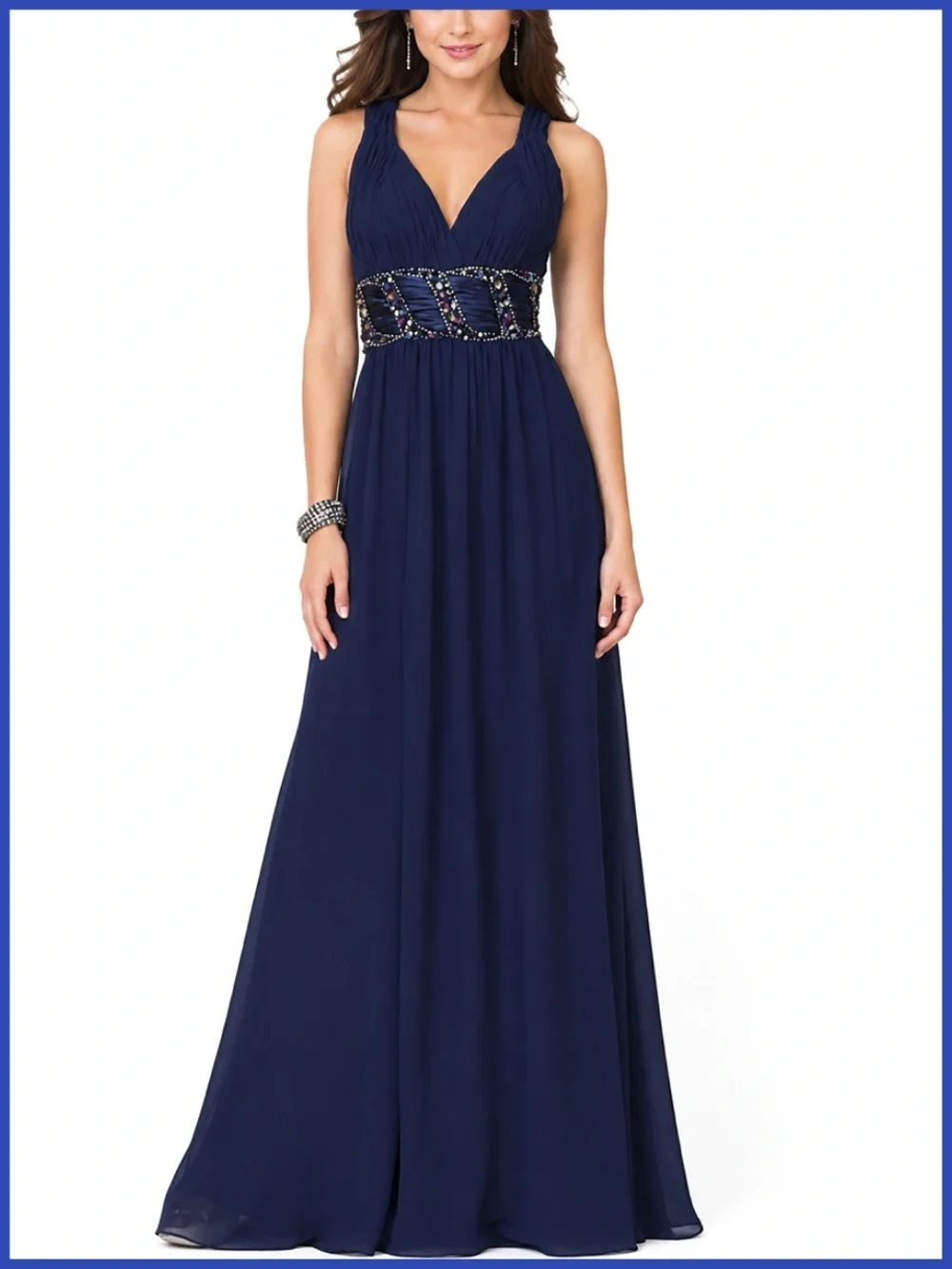 La Femme Navy Blue Gemstone Crisscross Back Embellished Gown | Dress